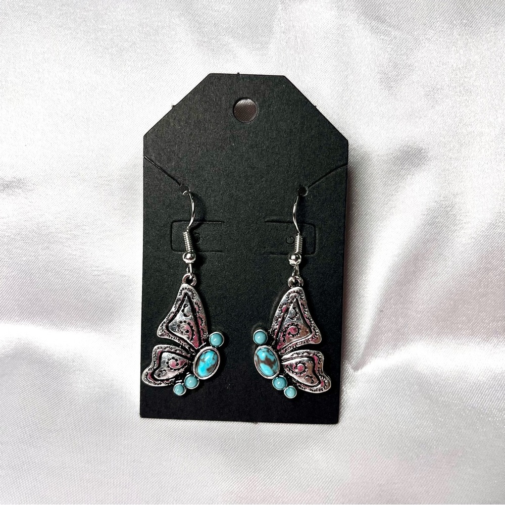 Western Turquoise and Silver tone Butterfly Earrings - Handmade